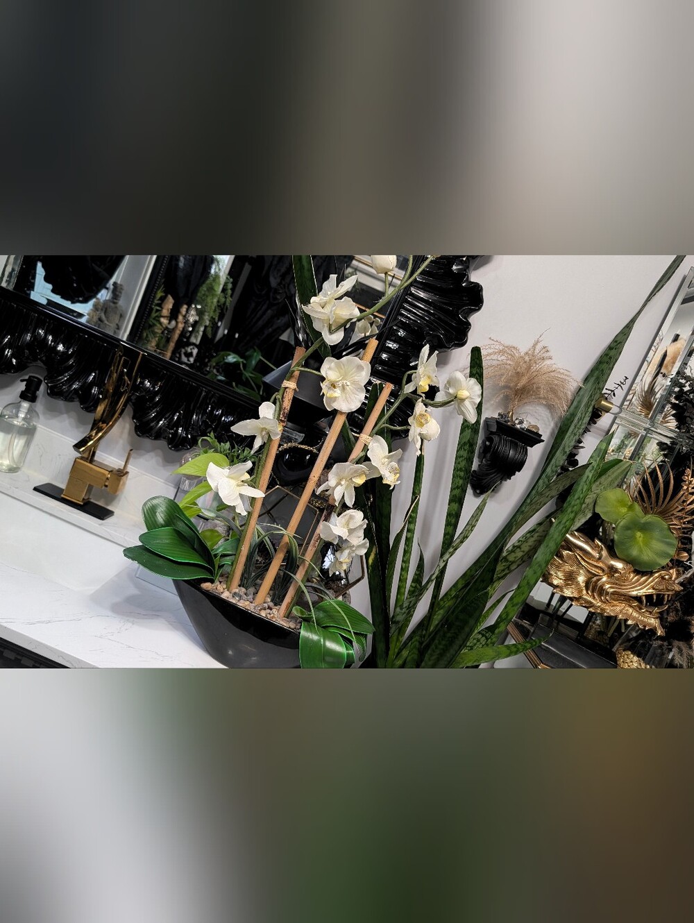 Artificial White Bamboo Orchid Arrangement with Black Vase